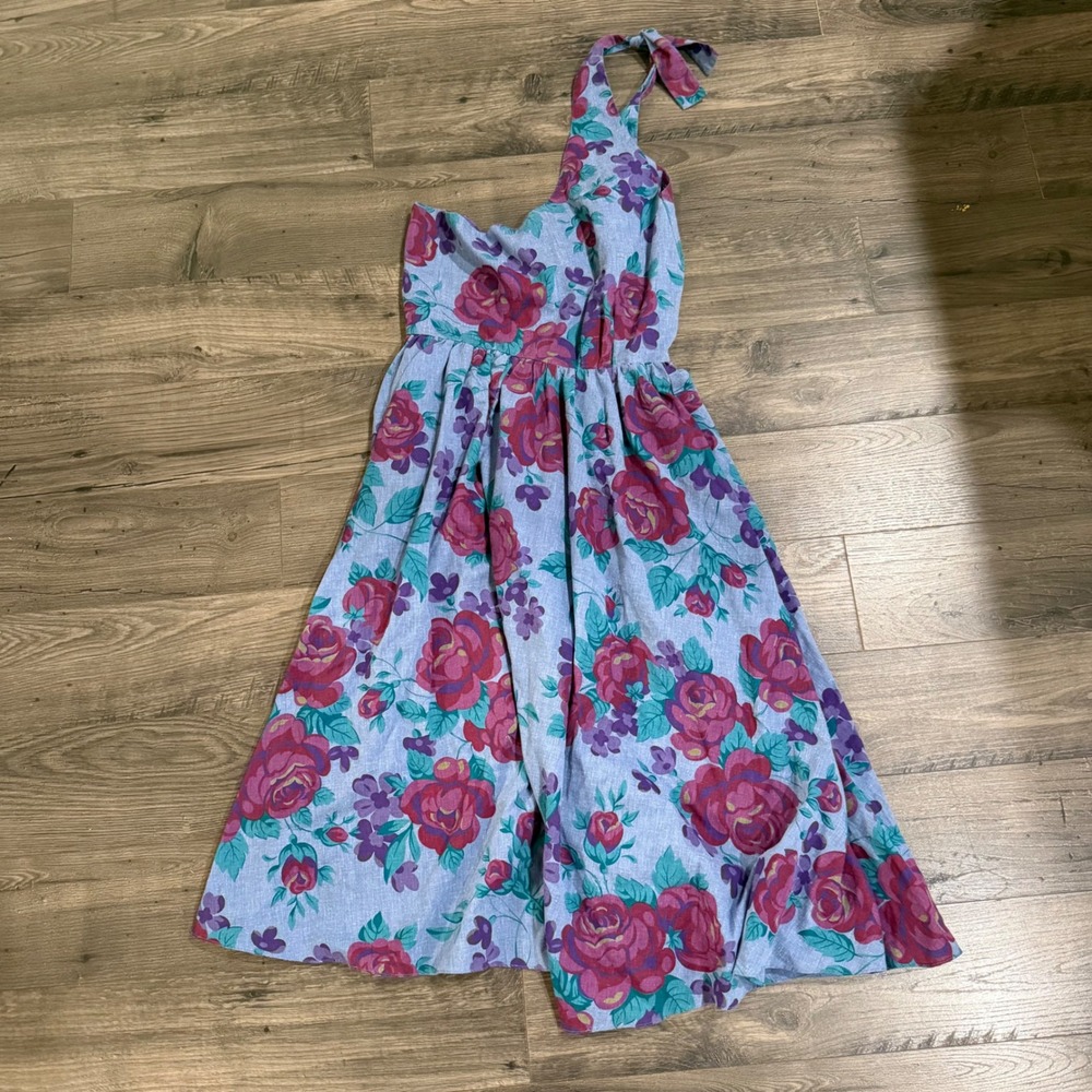 Vintage Ellen Hart Originals One Shoulder Floral Midi Dress Blue Pink Rose Small